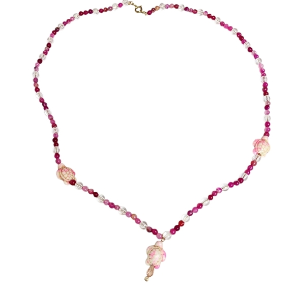 Pink Magenta Lace Agate Turquoise Turtle Beaded Clear Acrylic Necklace - Picture 2 of 4